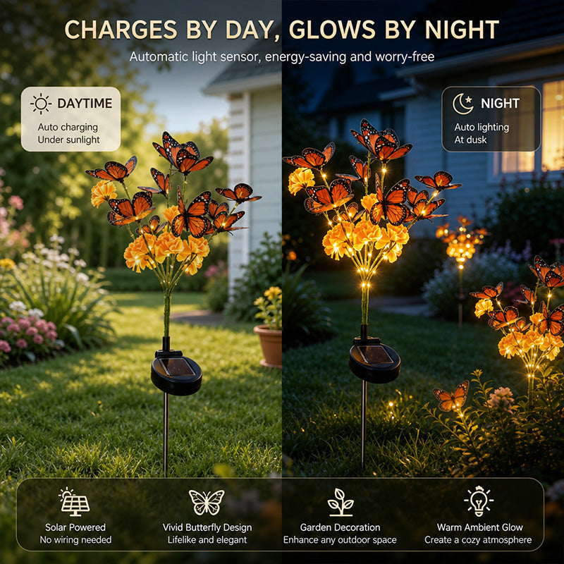 Solcellsdriven trädgårdslampa – fjäril & blommor med två ljuslägen 🦋