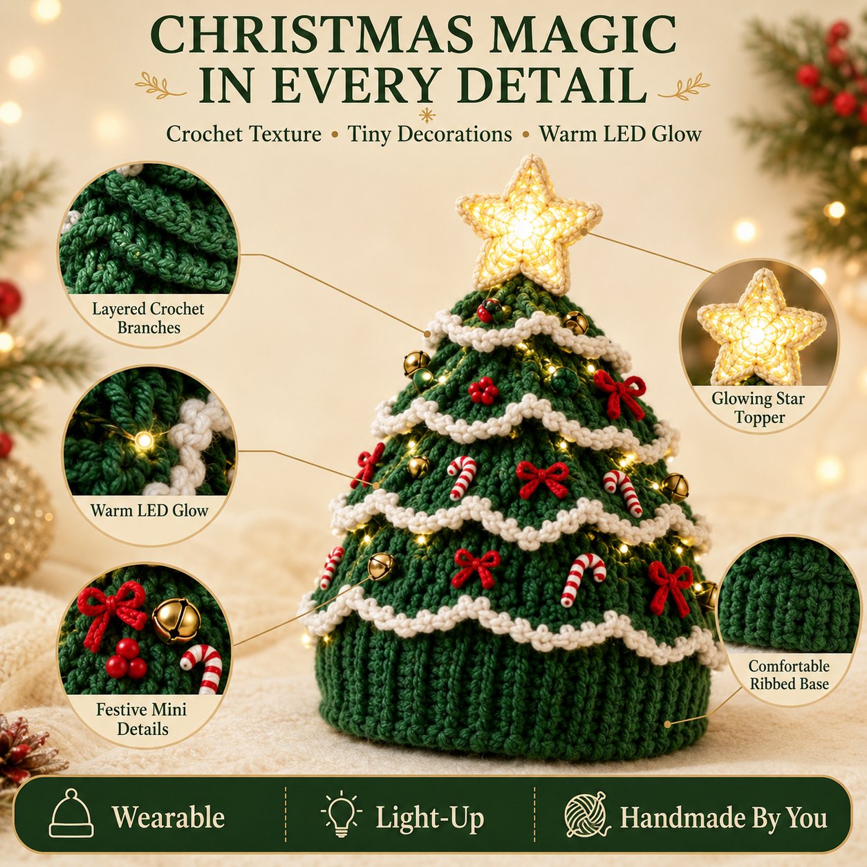 🎄 DIY-kit för lysande julgransmössa – Skapa din egen virkade julaccessoar