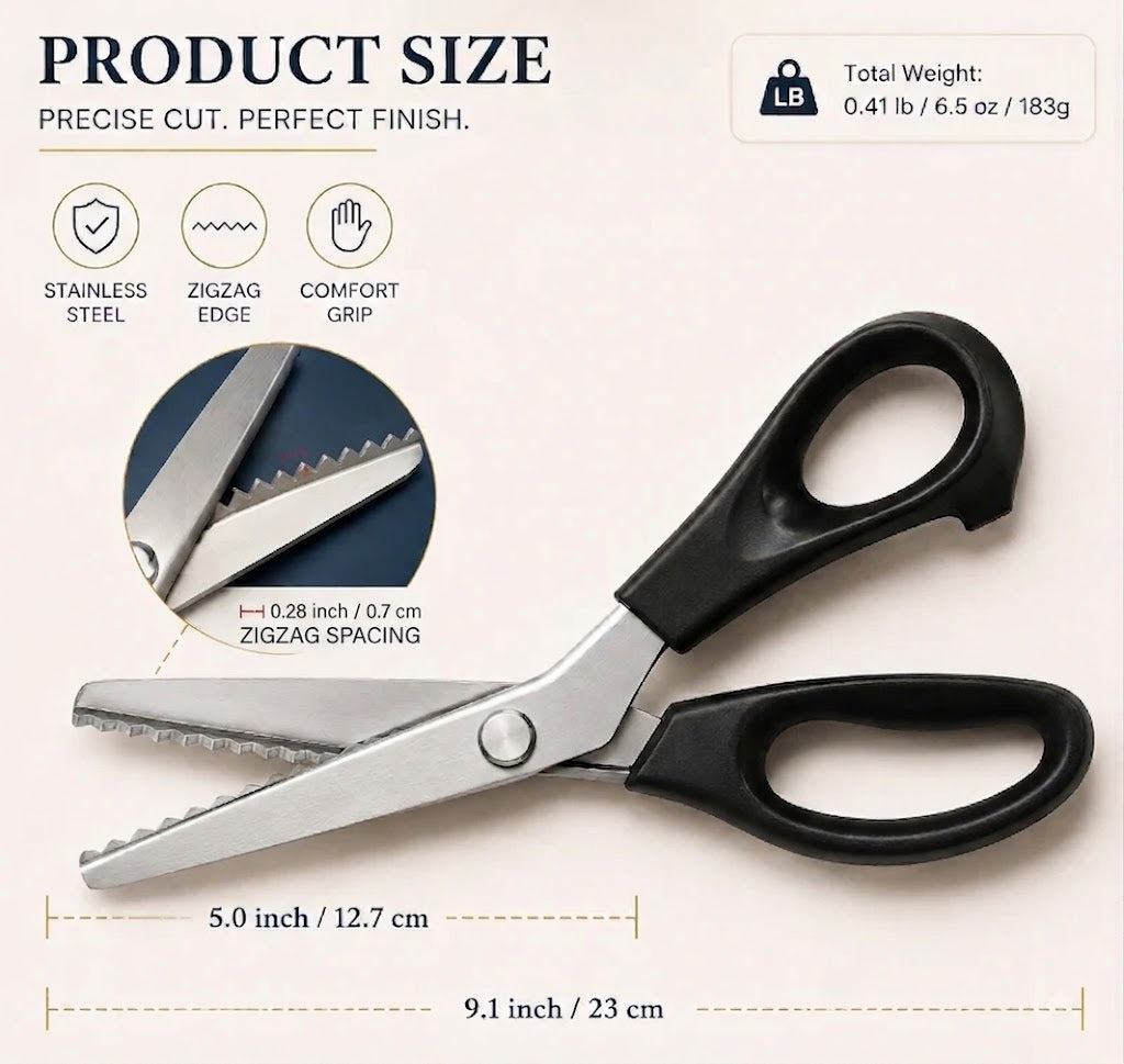 ✂️ Professionell vågtandad sax i rostfritt stål – ✨ Skarpa sicksackblad för snygga, fransfria kanter vid sömnad & DIY