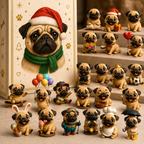 🐶 24-dagars adventskalender med mopsar 2026 – 24 söta mopsfigurer för julens nedräkning