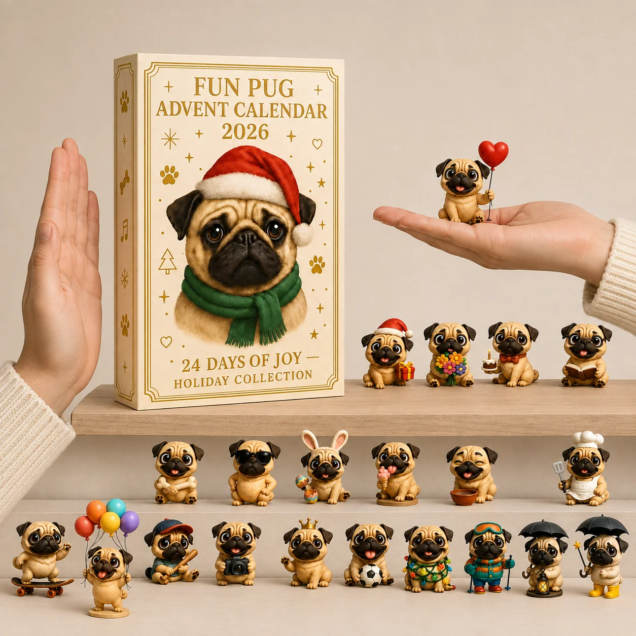 🐶 24-dagars adventskalender med mopsar 2026 – 24 söta mopsfigurer för julens nedräkning