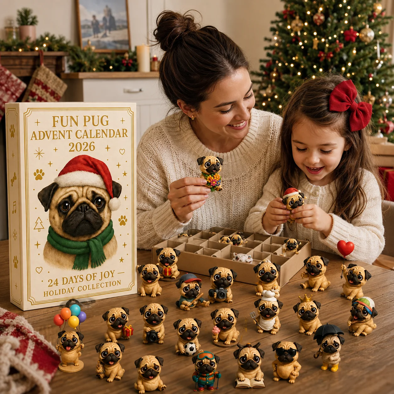 🐶 24-dagars adventskalender med mopsar 2026 – 24 söta mopsfigurer för julens nedräkning