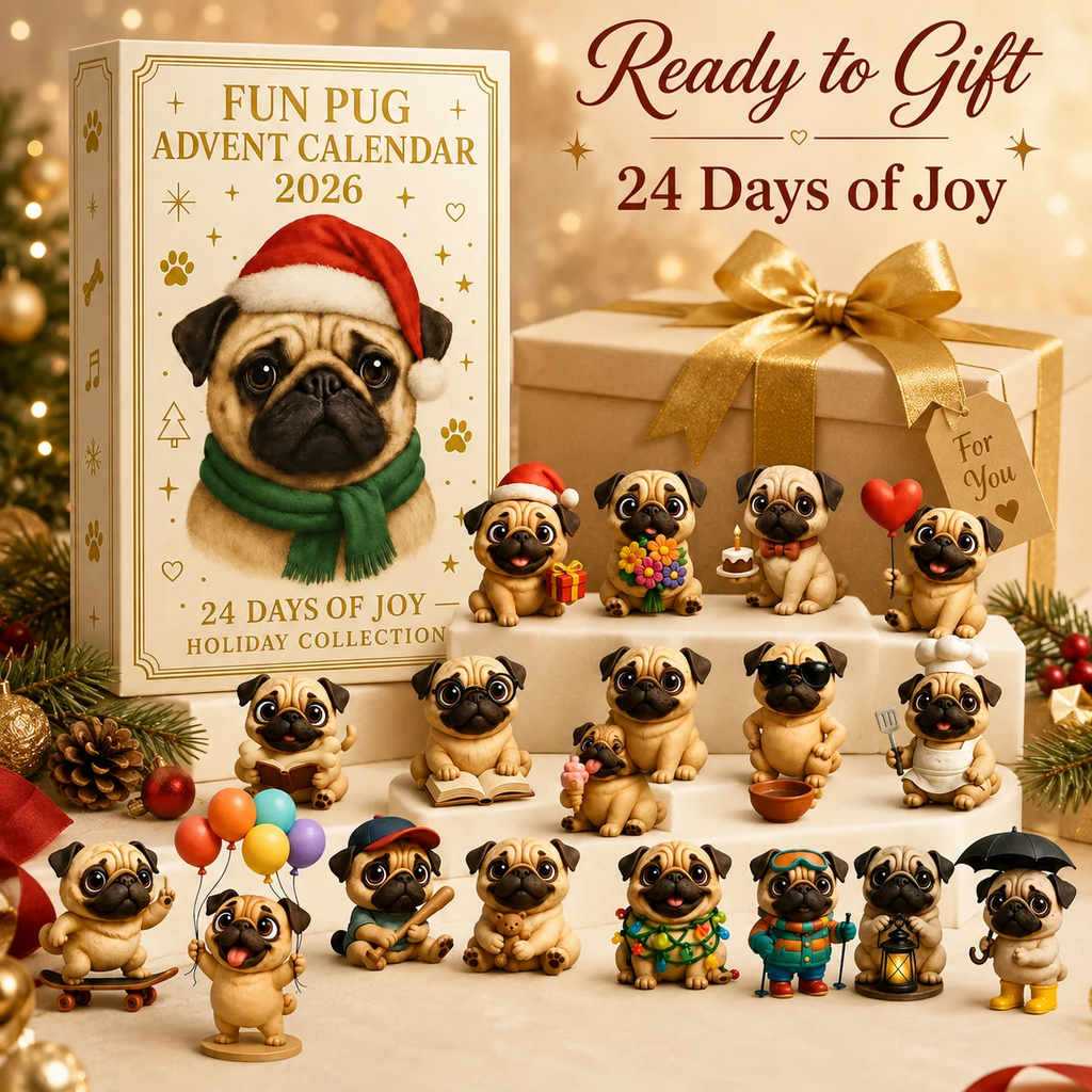 🐶 24-dagars adventskalender med mopsar 2026 – 24 söta mopsfigurer för julens nedräkning