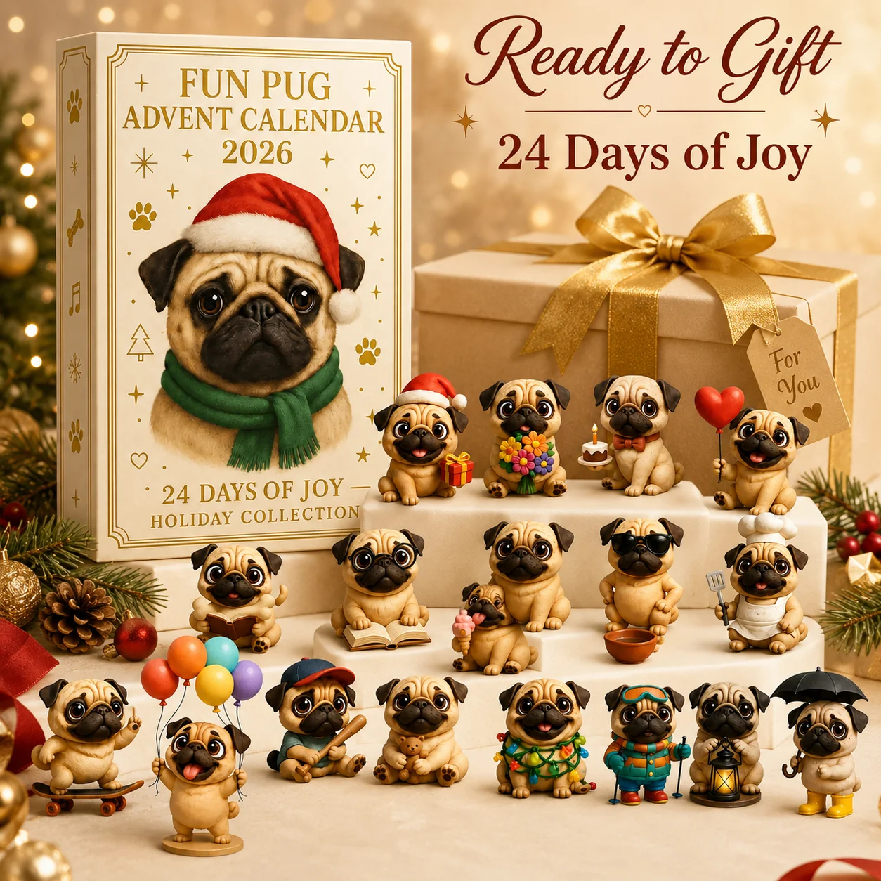 🐶 24-dagars adventskalender med mopsar 2026 – 24 söta mopsfigurer för julens nedräkning