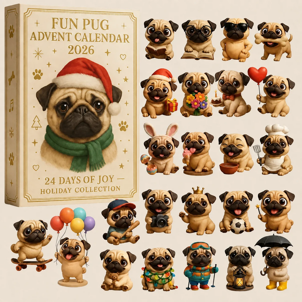 🐶 24-dagars adventskalender med mopsar 2026 – 24 söta mopsfigurer för julens nedräkning