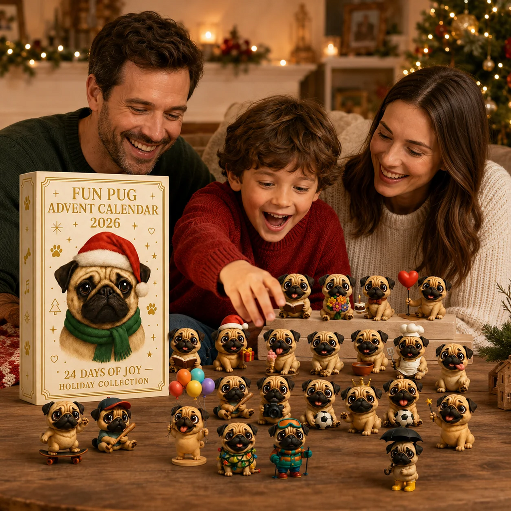 🐶 24-dagars adventskalender med mopsar 2026 – 24 söta mopsfigurer för julens nedräkning