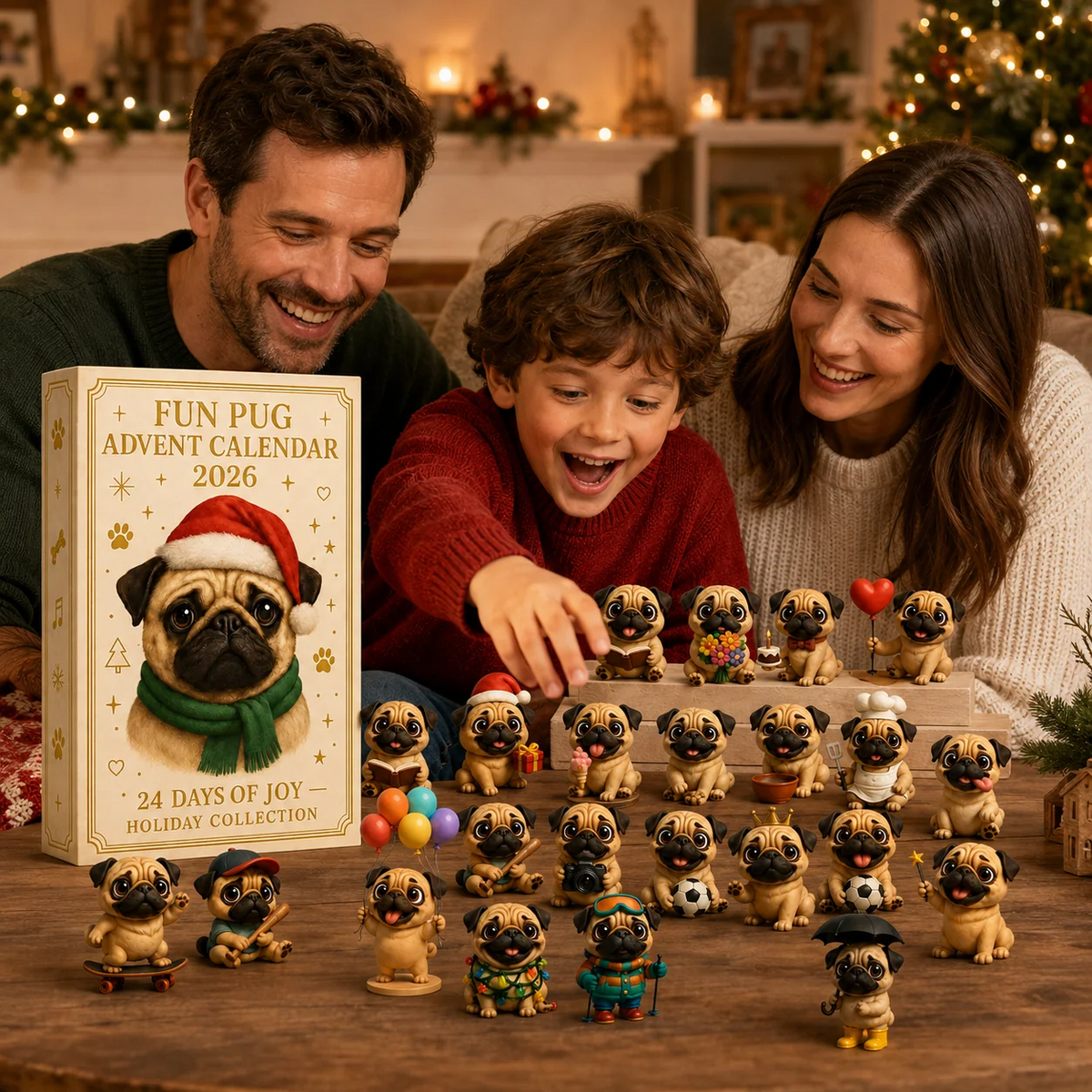 🐶 24-dagars adventskalender med mopsar 2026 – 24 söta mopsfigurer för julens nedräkning